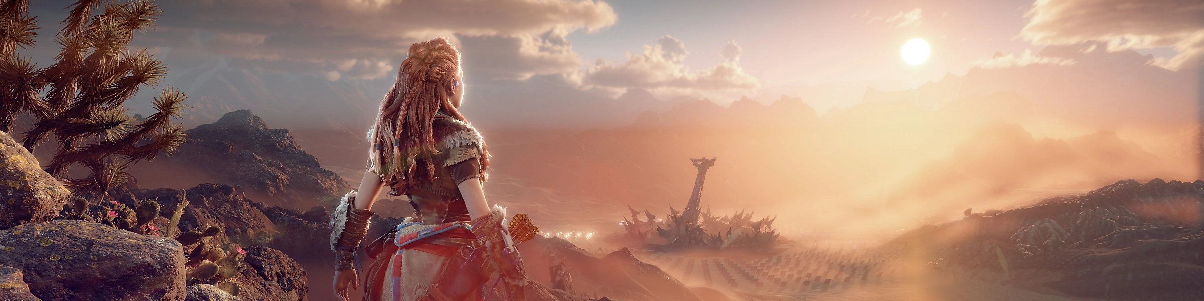 A screenshot of Horizon Forbidden West: Aloy looks over a stunning desert valley with a solar power plant and sunset in the distance.